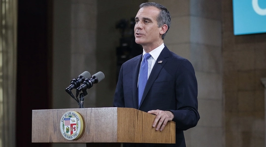 Mayor Eric Garcetti delivers a speech