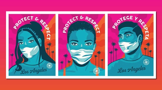 Posters showing people wearing masks for LA's "Protect and Respect" campaign