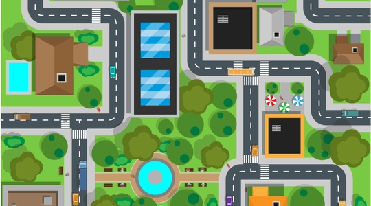 Computer rendered top down illustration of a city neighborhood.
