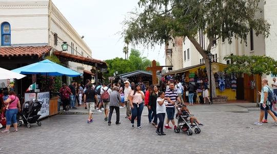 Tourists and families at Olvera Street, El Pueblo de Los Angeles State Historic Monument
