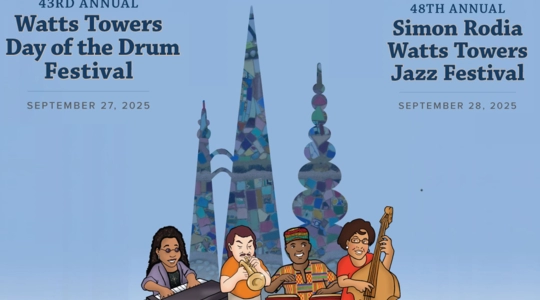 Event Poster: 43rd Annual Watts Towers Day of the Drum Festival September 27, 2025 and 48th Annual Simon Rodia Watts Towers Jazz Festival September 28,2025
