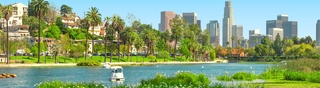 View of water and greenery with houses and city buildings in the background
