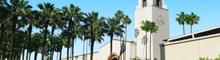 Side view of Union Station showing the palm trees and the building. 
