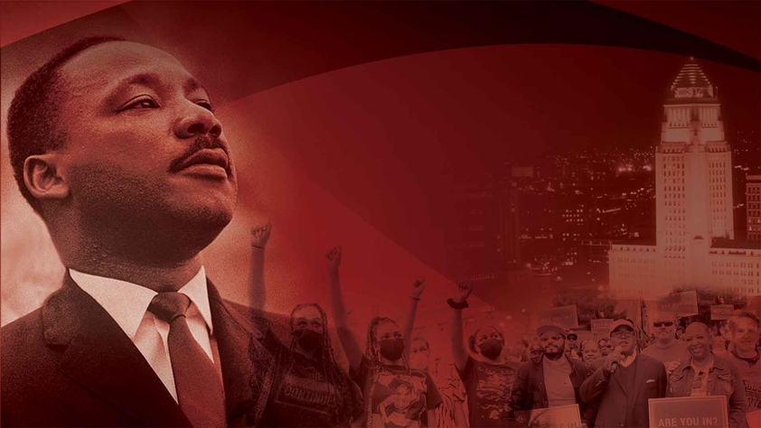 Martin Luther King Jr looking over Los Angeles City Hall