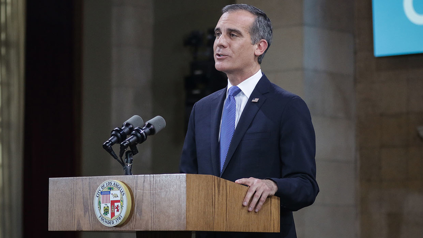 Mayor Eric Garcetti delivers a speech
