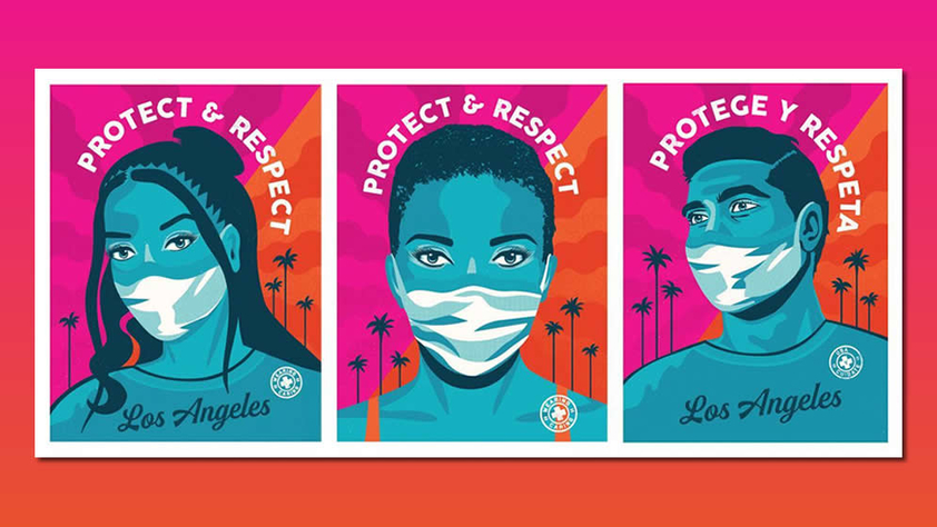 Posters showing people wearing masks for LA's "Protect and Respect" campaign