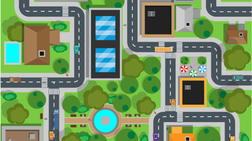 Computer rendered top down illustration of a city neighborhood.