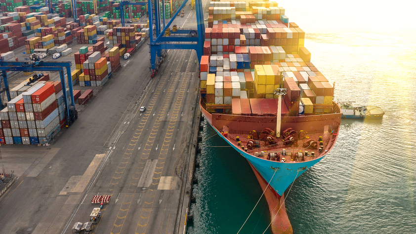 Cargo and container box shipping to harbor by crane