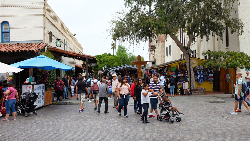 Tourists and families at Olvera Street, El Pueblo de Los Angeles State Historic Monument