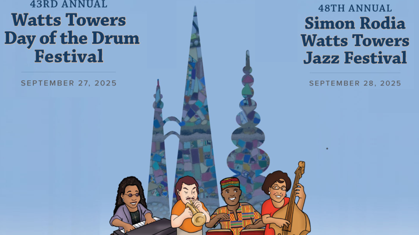 Event Poster: 43rd Annual Watts Towers Day of the Drum Festival September 27, 2025 and 48th Annual Simon Rodia Watts Towers Jazz Festival September 28,2025